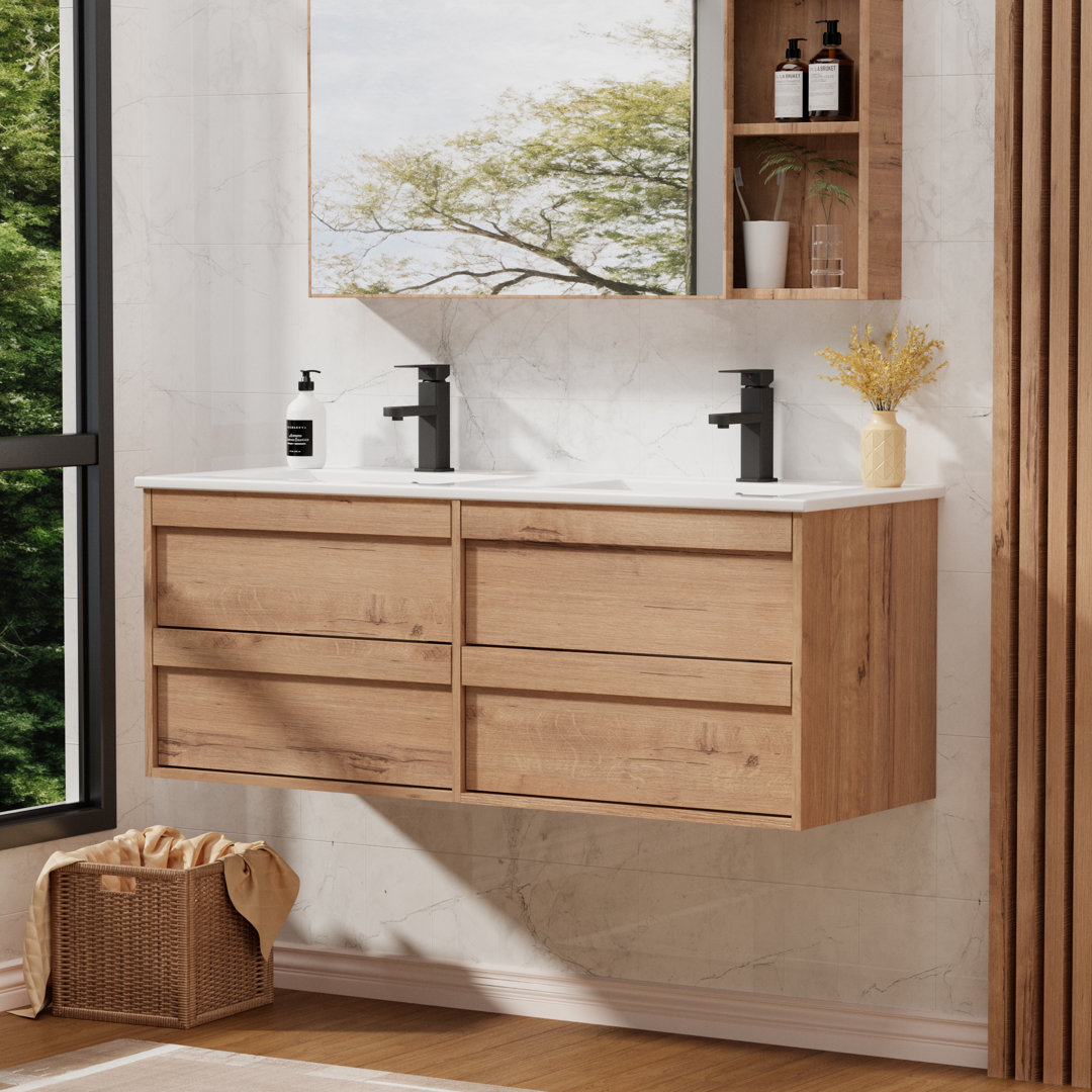 Sharee 48" Wall Mounted Double Sink Bathroom Vanity With Resin Top, Zinc Alloy Faucet, Wood Tune Floating Cabinet With 4 Drawers